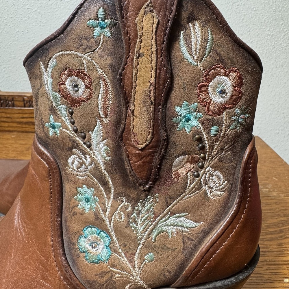 Rio Grande Women's 7.5 Brown Leather Floral Embroidered Western Ankle Boots - Picture 4 of 12